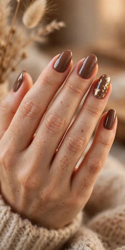 Mocha nails with gold foil november nail ideas