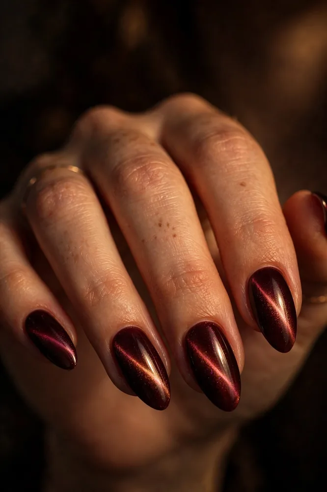 Dark cherry cat eye november nail ideas