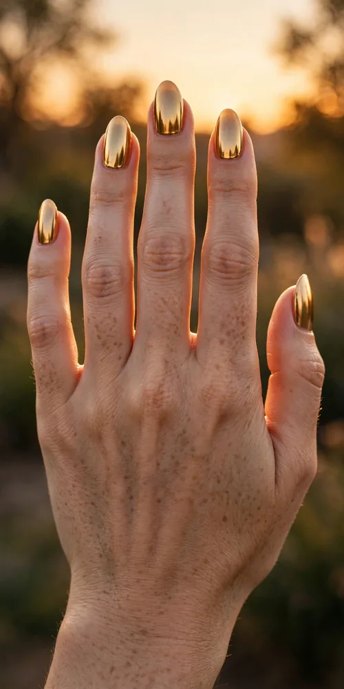 Golden hour chrome november nail ideas