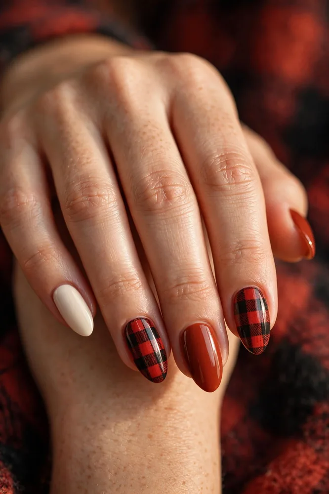 Cabin plaid mix november nail ideas